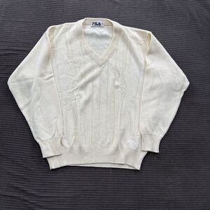 Vintage Fila Sweater Men 42 Cream V-Neck Long Sleeve Preppy Tennis‎ Outdoors.